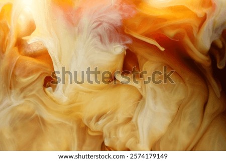 Refreshing coffee with ice and milk as background, closeup