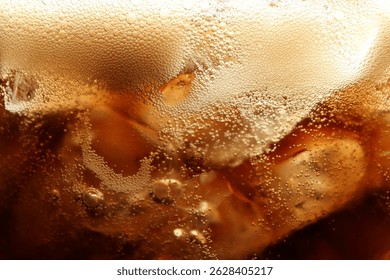 Refreshing cola with ice as background, macro view