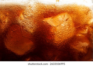 Refreshing cola with ice as background, macro view