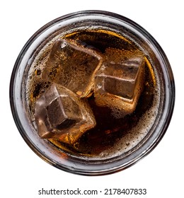 refreshing cola with ice cubes in a glass, top view, isolated on white