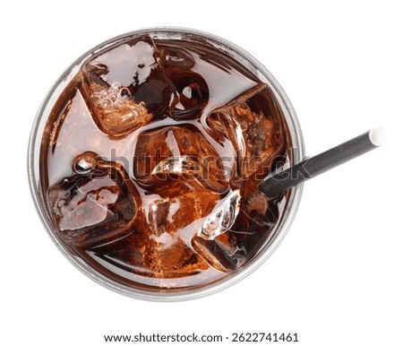 Refreshing cola with ice cubes and straw in glass isolated on white, top view