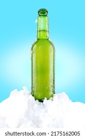 Refreshing cold beer in the snow. Bottle of water with drops and ice. Melted water on a bottle. - Shutterstock ID 2175162005