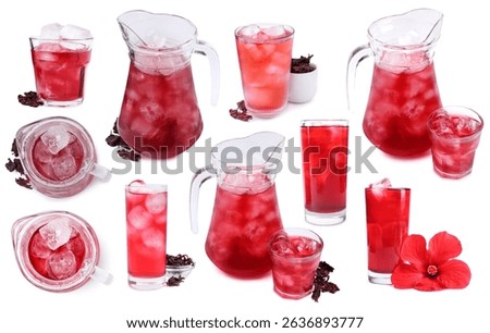 Refreshing cold hibiscus tea with ice isolated on white, set