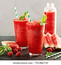 Refreshing Cold Summer Drink Watermelon Slushie With Basil