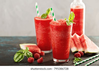 Refreshing Cold Summer Drink Watermelon Slushie With Basil