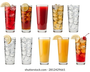 A refreshing collection of various cold beverages in tall glasses with ice and garnishes perfect for any occasion