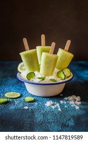 Refreshing Cucumber, Green Tea And Lime Ice Cream Popsicles, Copy Space For Your Text