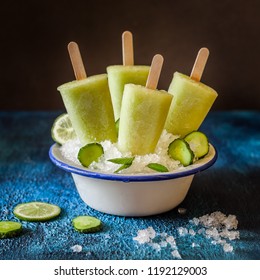 Refreshing Cucumber, Green Tea And Lime Ice Cream Popsicles, Square