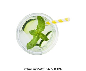 Refreshing Cucumber Water With Mint In Glass Isolated On White, Top View