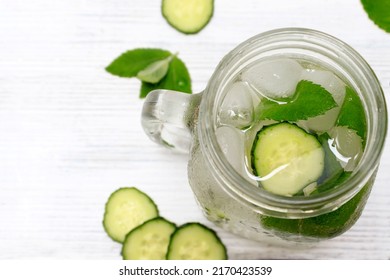 Refreshing Detox Cucumber Mint Water. Homemade Natural Lemonade For A Healthy Diet And Weight Loss. View From Above