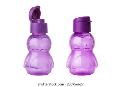 Refreshing Drink Bottle On White. Reusable Plastic Bottle For Kids