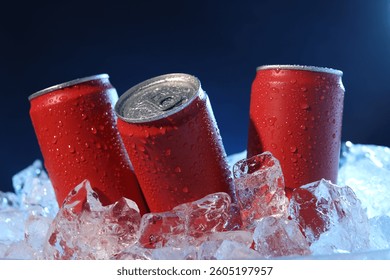 Refreshing drinks in cans on ice cubes against dark blue background, closeup