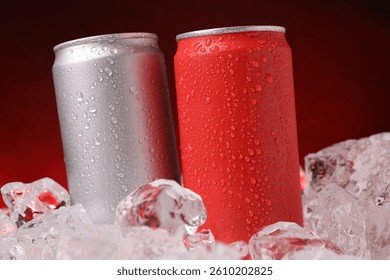Refreshing drinks in cans on ice cubes against dark red background, closeup