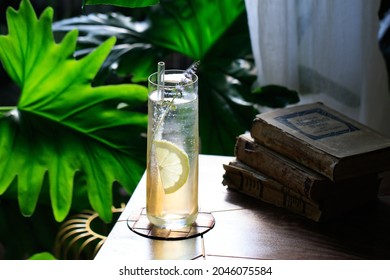 Refreshing Highball Cocktail With Clear Ice On Wooden Table With Green Plants And Vintage Books