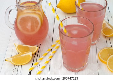 Refreshing Homemade Pink Lemonade On White Old Vintage Wooden Background