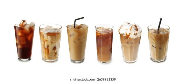 Refreshing iced coffee drinks in different glasses isolated on white, set