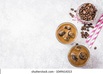 Refreshing Iced Coffee On Concrete Background. Top View, Space For Text.