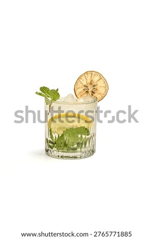 Refreshing iced lemon mint virgin mojito in a crystal glass with ice cubes, garnished with fresh mint leaves and a dried lemon slice, cold citrus mocktail isolated on a clean white background, minimalist drink photography for cafe menu or summer lifestyle concept