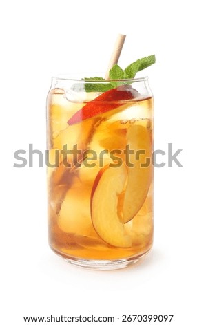 Refreshing iced peach tea with mint in glass isolated on white
