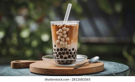 A refreshing layered bubble tea with dark tapioca pearls and lighter boba, served in a clear glass on a wooden board with a spoon, set on a textured table against a blurred green background.