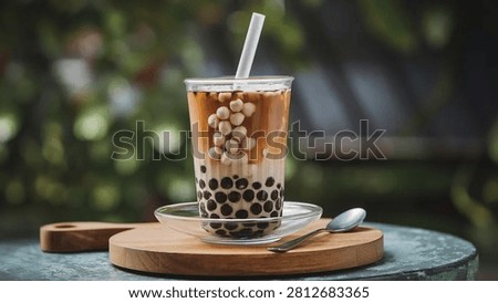 A refreshing layered bubble tea with dark tapioca pearls and lighter boba, served in a clear glass on a wooden board with a spoon, set on a textured table against a blurred green background.