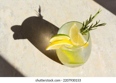 Refreshing Lemonade On Light Grey Table, Space For Text. Summer Drink