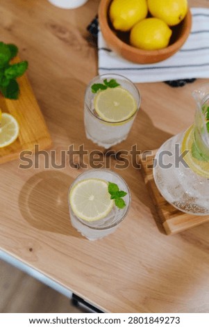 Refreshing lemonade served with lemon slices and mint leaves.