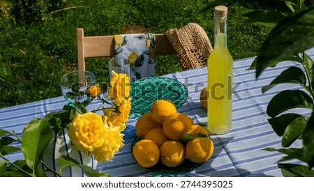 Refreshing limoncello tableau, sun drenched afternoon picnic, vibrant Amalfi lemon zestiness, Mediterranean breeze whispers, La Dolce Vita essence captured