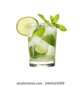 Refreshing mojito cocktail with lime, mint, and ice cubes in a tall glass isolated - Powered by Shutterstock