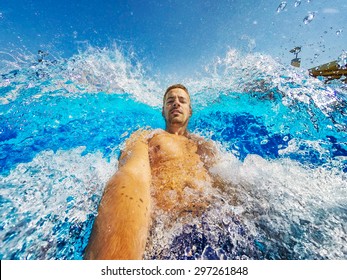 Refreshing At Pool. Jumping. Diving. Wide Angle Selfie Shot.