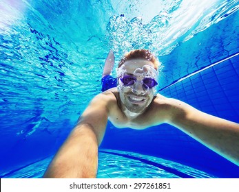 Refreshing At Pool. Underwater Wide Angle Selfie Shot.