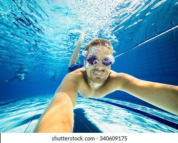 Refreshing At Pool. Underwater Wide Angle Selfie Shot.