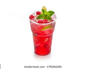 Refreshing soda drink, fruit and raspberry mojito or lemonade with fresh mint in plastic glass, fast food delivery menu, healthy diet, summer detox non alcoholic beverage concept on white background