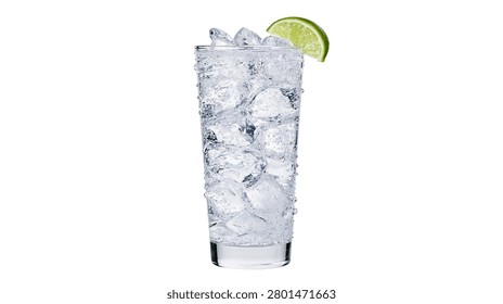 Refreshing sparkling water in tall glass with ice cubes and lime wedge garnish