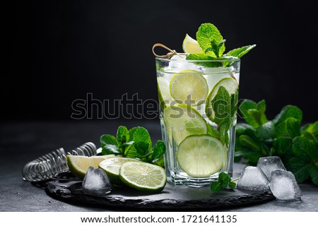Refreshing summer alcoholic cocktail mojito with ice, fresh mint and lime 商業照片 © 