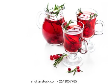 Refreshing Summer Cocktail With Cranberry And Rosemary Isolated On White Background. Selective Focus.