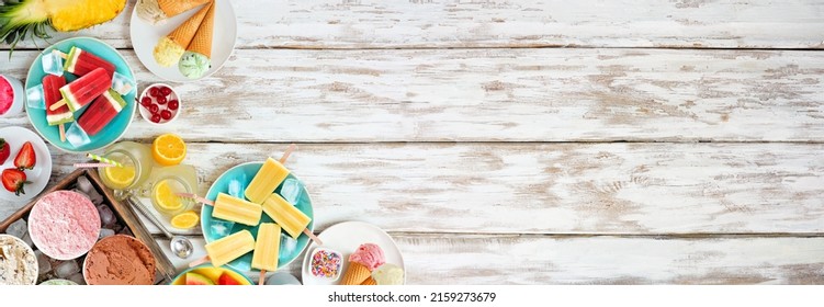 Refreshing Summer Foods Corner Border. Selection Of Ice Cream, Popsicles And Fruit. Top Down View Over A White Wood Banner Background.