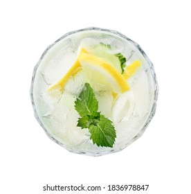 Refreshing Water With Cucumber, Lemon And Mint Isolated On White, Top View