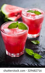 Refreshing Watermelon Cocktail With Ice And Mint, Selective Focus