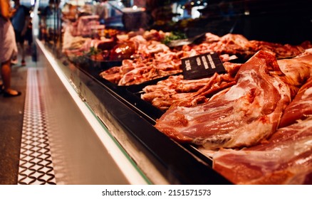 A Refrigerated Display Case Of A Butcher Shop