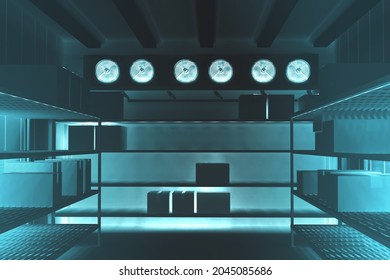 Refrigeration chamber for food storage. Cardboard boxes inside refrigerator. Industrial freezer. Refrigeration chamber with shelves around edges. Concept - sale of freezing equipment. - Shutterstock ID 2045085686
