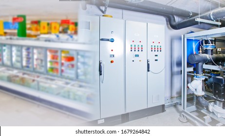 Refrigeration Chamber For Food Storage. Industrial Refrigerator At The Catering Facility. Equipment For Cooling Products. Switchboard. Cabinet To Control The Cooling Chamber. Shelf Products