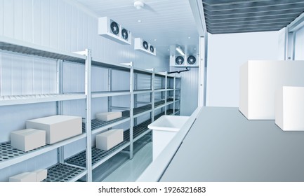 Refrigeration chamber for food storage. Industrial refrigeration chamber with empty shelves. Luggage storage in the restaurant. Concept - sale of refrigeration equipment. Equipment for restaurants