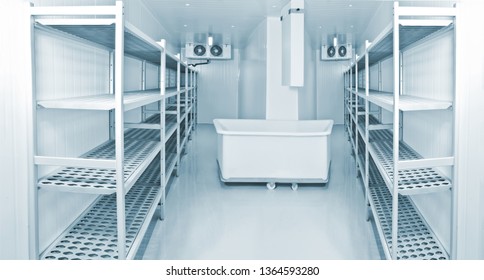 Refrigeration Chamber For Food Storage. Installation For The Production Of Ice. Refrigeration Equipment For Production. Freezing Room With Shelves. Refrigerated Room.