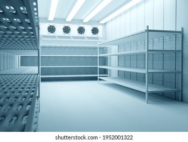 Refrigeration Chamber For Food Storage. Metal Shelves And Racks For String Frozen Foods. Food Freezing Shop. Selective Storage System. Cold Warehouse. Air Conditioning On A Warehouse Wall.