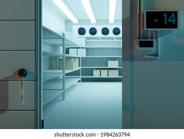 Refrigeration chamber for food storage. Open warehouse door.