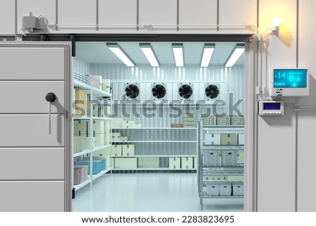 Refrigeration equipment. Freezer warehouse. Industrial refrigerator. Entrance to refrigerated warehouse. Refrigerator in factory. Boxes and racks in refrigerator. Refrigeration technologies. 