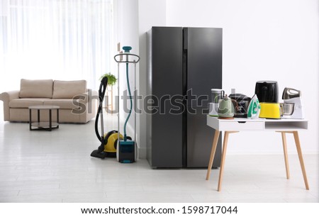 Refrigerator and different household appliances in room