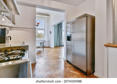 Refrigerator With Double Doors In Stylish Kitchen