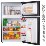 Refrigerator or fridge. 2 Door refrigerator with freezer for ice. Cold temperature. Cold, cooling storage. Fridge for grocery store fresh food. Kitchenware or kitchen appliance. Vegetable, milk, juice